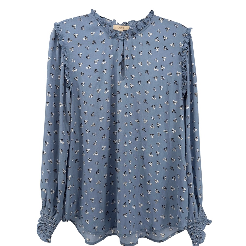 Loft Outlet Blouse Long Sleeve Blue Floral Ruffle Neck Keyhole Smocked Sz Small